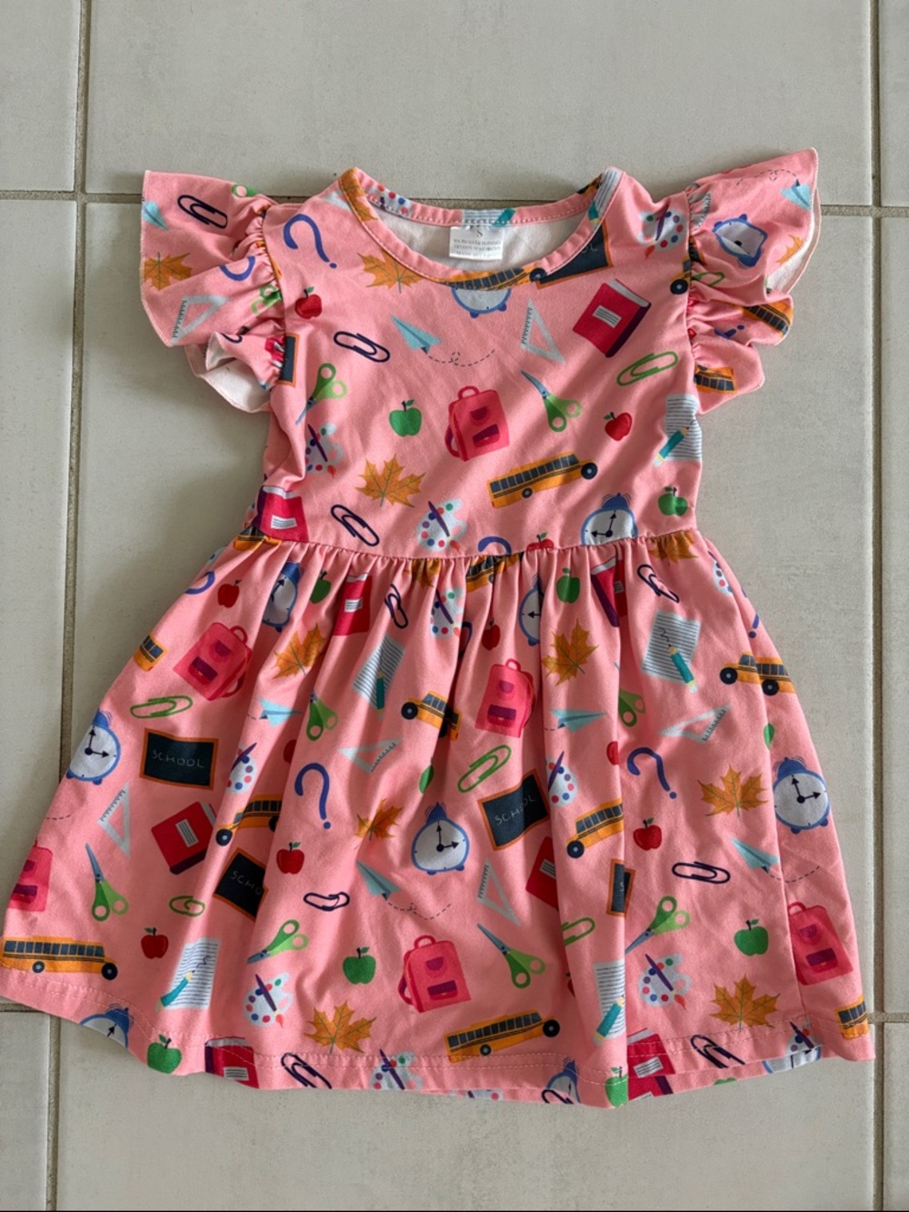 Girls' Pink School-Themed Flutter Sleeve Dress